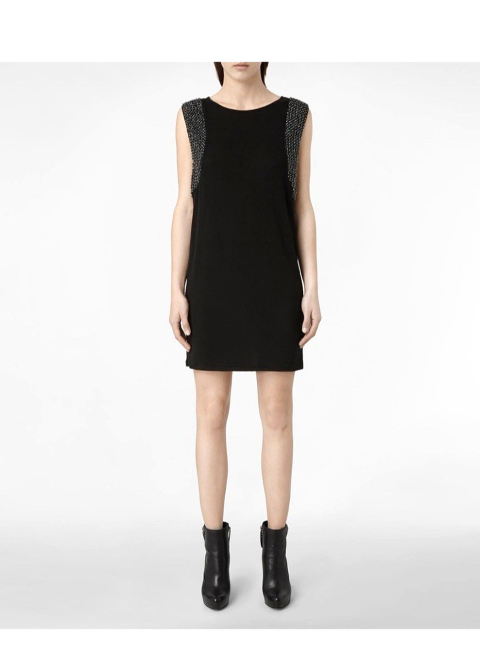 AllSaints Nela Black HAND Embellished Sequin Cap Sleeve Shift Dress EU 38 US 6